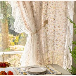 Curtain French Rustic Romantic Ruffle Double Layer Linen Floral Sheer Tulle Curtains For Living Room Balcony Window Kitchen Drapes