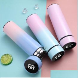 Thermoses 500Ml Smart Water Bottle Fashion Led Vacuum Flask Digital Temperature Display Stainless Steel Coffee Thermal Mugs Intellig Dh905