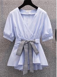 Women's Blouses Office Ladies Elegant Deep V Neck High Waist Bow Shirt For Women Summer Short Sleeve Solid Top Korean Casual Blouse