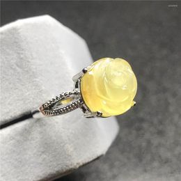 Cluster Rings 12mm Top Natural Flower Carved Yellow Amber Ring For Woman Lady Man Crystal Silver Beads Gemstone Adjustable Jewellery