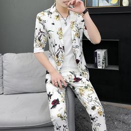 Suits 2021 New Summer High Quality Men's Print Single Button Slim Hiphop Two Piece Mens Suits