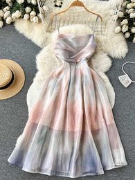 Casual Dresses 2023 Summer Elegant Print Spaghetti Shoulder Strap Holiday Party Long Dress Women's P230530