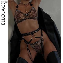 Briefs Panties Ellolace Erotic Leopard Lingerie Sexy Fancy Underwear Transparent Bra Porn Suits 5-Piece Sensual Intimate Luxury Lace Brief Sets L230518