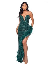 Casual Dresses Sequin Feather Prom Strapless Backless Night Club Outfits For Women Party Sexy Clubwear Bodycon Slit Asymmetrical Dress