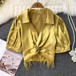 Women's Blouses Summer Design V-neck Fur Tassel Patchwork Acetate Satin Shirt Short Top