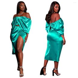 Work Dresses ..Spring Fashion Satin Two Piece Set Women's Sexy Solid One Neck Split Hip Wrap Dress Elegant Women