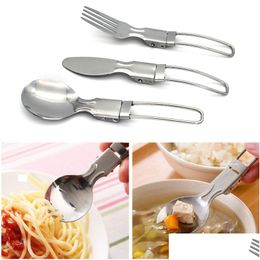 Spoons Lightweight Flatware Outdoor Stainless Steel Folding Fork Cutlery Portable Picnic Tableware Cam Foldable Knife Drop Delivery Dhh64