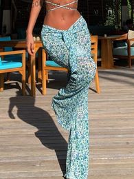 Women's Pants Capris Women Sexy Mesh Beach Dress Sheer Long Cover Up Knitted Tunic Female Print Swimsuit Bikini Sarong Swimwear Dress Trousers Cover T230531