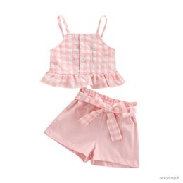 Clothing Sets Baby Girls Summer Set Button Ruffle Plaid Sleeveless and Stretch Casual Shorts with Belt