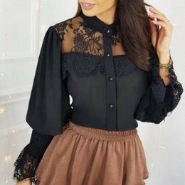 Women's Blouses 2023 Sexy Women Transparent Lace Mesh Patchwork Shirts Long Pull Sleeve Buttons Floral Tops Ladies CWomen