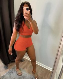 Tracksuits Summer two-piece yoga Women's casual sportswear Solid Colour deep V crop vest and tight shorts fitness exercise set P230531