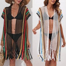 Women's Swimwear Women Tassels Beach-Crochet Dress Color-Block Cardigan Summer Bikinis Cover Up