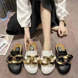 Sandals Large Womens Shoes Fat Feet Wide Heel less Toe covered Half Slippers Ladies Flat bottomed Muller Lazy 230417