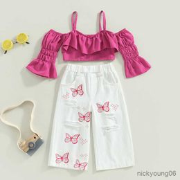 Clothing Sets Girls Summer Suit Children Short Sleeve Shoulder Butterfly Print Pants 2Pcs Baby Clothes Fashion Outfits