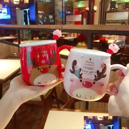 Mugs Christmas Gift Cartoon Cute Cups Fawn Printed Lid Spoon Creative Lovely Couples Porcelain Office Fashion Coffee Drop Delivery H Dhwjg