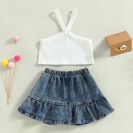 Clothing Sets Girls Summer Outfit Fashion Kid Children Casual Solid Color Tank Top Elastic Denim Skirt Set