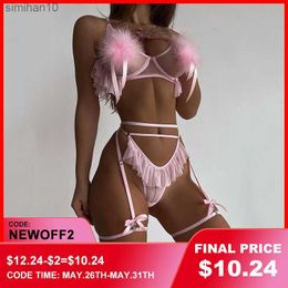 Briefs Panties Ellolace Sexy Feather Lingerie Light Pink Ruffle Hollow Thongs Sissy Erotic Outfits Seamless Set Woman 3 Pieces Fairy Intimate L230518