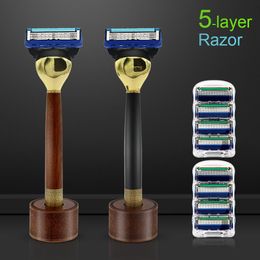 Blade Upmarket Manual Shaving Razor Wooden Handle Men's Safety Razor 5layer Blade Shaver Replacebale Blades Razor Gift with base