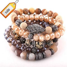 5pc Women Fashion Jewelry Bracelet Sets Elastic Natural Stone Glass Crystal Pave Bracelets Stretch Druzy Stack Bracelet Set