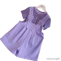 Clothing Sets Fashion Girls Clothes Summer Striped Short Sleeve T-ShirtandOveralls Children Tracksuit 2Pcs Kids Candy Colour Suit