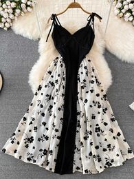 Casual Dresses 2023 Summer Luxury Flower Embroidery Black Long Spaghetti Shoulder Strap Party Dress Robe Women's P230530