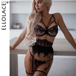 Briefs Panties Ellolace Feather Lingerie Embroidery Fancy Female Underwear Transparent Bra Luxury Lace Intimate Delicate Erotic Brief Sets L230518