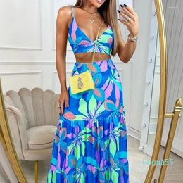 Casual Dresses 2023 Ladies Summer Print V-Neck Sling Elegant Long Dress Fashion Boho Short Top And Skirt Women's Two Piece