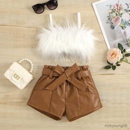 Clothing Sets Girls Clothes Summer Solid Colour Plush Sleeveless Top and Bow Leather Shorts Kids Children's Suit