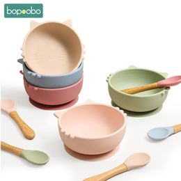 Cups Dishes Utensils Bopoobo 2Pcs/1Set Silicone Baby Feeding Bowl Tableware Waterproof Spoon Non-Slip Crockery BPA Free Silicone Dishes for Baby Bowl 230530