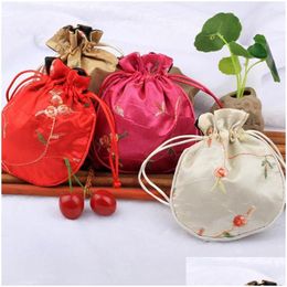 Storage Bags Wholesale Delicate Durable Embroidered Bag Portable Rounded Dstring Embroidery Pouch Jewelry Sier Beaded Drop Delivery Dhuzl