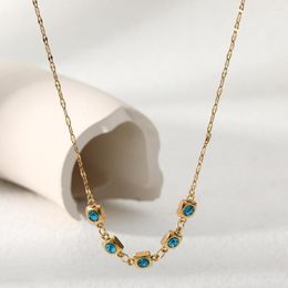 Chains Bohemia 18K Real Gold Plated Blue Charms Crystal Necklace Stainless Steel Bead Chain Round Zircon Choker Bijoux Jewellery