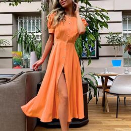 Casual Dresses Wepbel O-neck Single Breasted Loose Summer Dress High Waist Split Mid-Length Women Short Sleeve Solid Colour Long