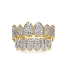 NEW Diamond Grills 18KT Gold Plated Fully Iced Out Micro Pave CZ Top and Bottom Face Mouth Grills for Vampire teeth Cosplay Hip Ho2053722