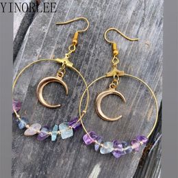 Bohemia Witch Moon Rainbow Fluorite Hoop Earrings Dangle Jewellery Healing Halloween Statement Delicacy Fashion Jewellery Women Gift