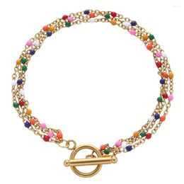 Link Bracelets Bohemian Multilayers Stainless Steel Candy Colour Enamel Beads Chain OT Buckle For Woman Toggle Charm Boho Jewellery