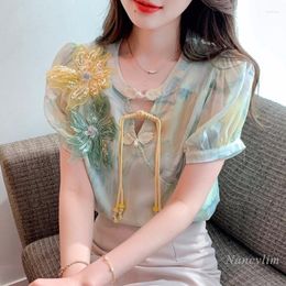 Women's T Shirts Chinese Style Buckle Chiffon Shirt For Women National Top Women's Clothing 2023 Summer Short Sleeve Chic Tshirt