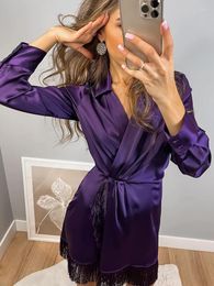 Casual Dresses Foridol Tassle Folds Pruple Satin Dress Party Women Spring Summer Zip Long Sleeve Short Elegant Solid Vestidos 2023