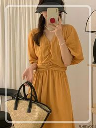 Casual Dresses Long Maxi Design Women Fashion French Style Chic Korea Solid Holiday Orange Retro Romantic Fairy