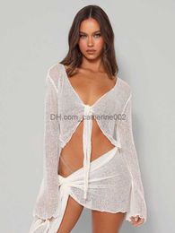 Two Piece Dress See Through Sexy Mini Skirt Sets Long Sleeve Conjuntos De Falda Lace Up Womens Two Piece Sets Solid Y2k Clothes Summer Dresses T230531