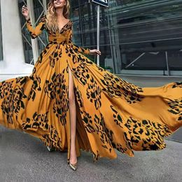 Casual Dresses 2023 A Women Floral Print Maxi Dress Boho Leopard Line Long Ladies Loose V-Neck Beach Party Vestidos