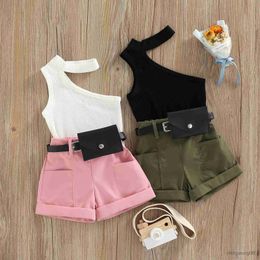 Clothing Sets Girls New Summer Sleeveless T-shirtandShortsandWaist Bag for Kids Baby Clothes Outfits