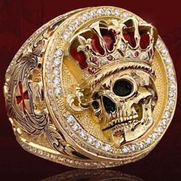 Band Rings Personlity 3D Stereo Engraving Crown Skull Rings for Women Men Hip Hop Gold Color Red Zircon Skeleton Biker Ring Party Jewelry J230531