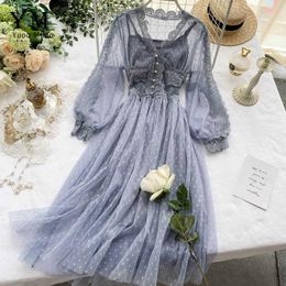 Casual Dresses Ins Fashion Gothic Party Lace Women's Romantic Pink Dot Mesh Tuned Long Sleeve Spring and Autumn Dress P230530