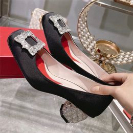 Square Toe Women Pumps Black Silk Chunky High Heels Sexy Ladies Wedding Dress Shoes Designer Crystal Heel Stiletto Zapatos Mujer