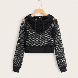 Gym Clothing Oversized Casual Hooded Women Solid Cutout Mesh Insert Cropped Hoodie Harajuku Sweatshirt Long Sleeve Crop Top Hoodies