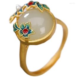 Cluster Rings White Jade Flower Jewellery Women Vintage Natural Carved Stone Real Gemstone 925 Silver Talismans Amulet Adjustable Ring