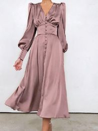 Casual Dresses Elegant And Fashionable Women's Maxi For Fall V-neck Satin Full High Waist Dress With Button Skinny Vintage Split