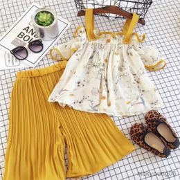 Clothing Sets Girls Lemon New Kids Sleeveless T-shirt Wide Leg Pants Suits Children Girl Summer Clothes