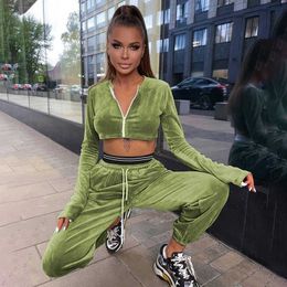 Tracksuits Autumn Two Piece Velvet Set Women's Street Leisure Long Sleeve Crop Top+Jogger Sports Pants Running Wear P230531