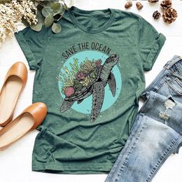 T-Shirts SAVE THE OCEAN Letter Sea Turtle Growing Coral Print T shirt Women Cute Graphic Tshirts Causal Harajuku Vintage Ladies Tshirt